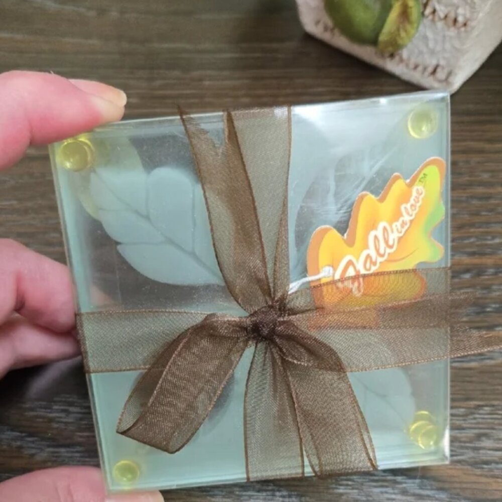 NEW - GREAT GIFT Kate Aspen set/ 4 leaf etched glass coasters Brown Sheer Ribbon